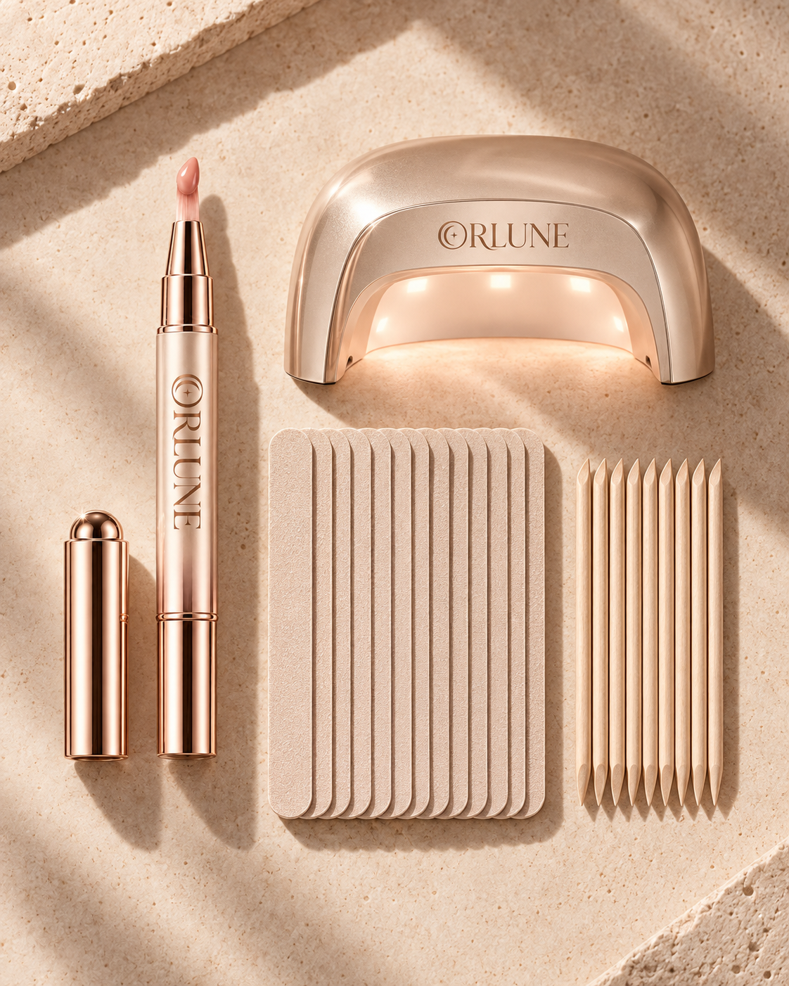 Le Coffret Complet ORLUNE : stylo gel, lampe compacte, limes et bâtonnets à cuticules
