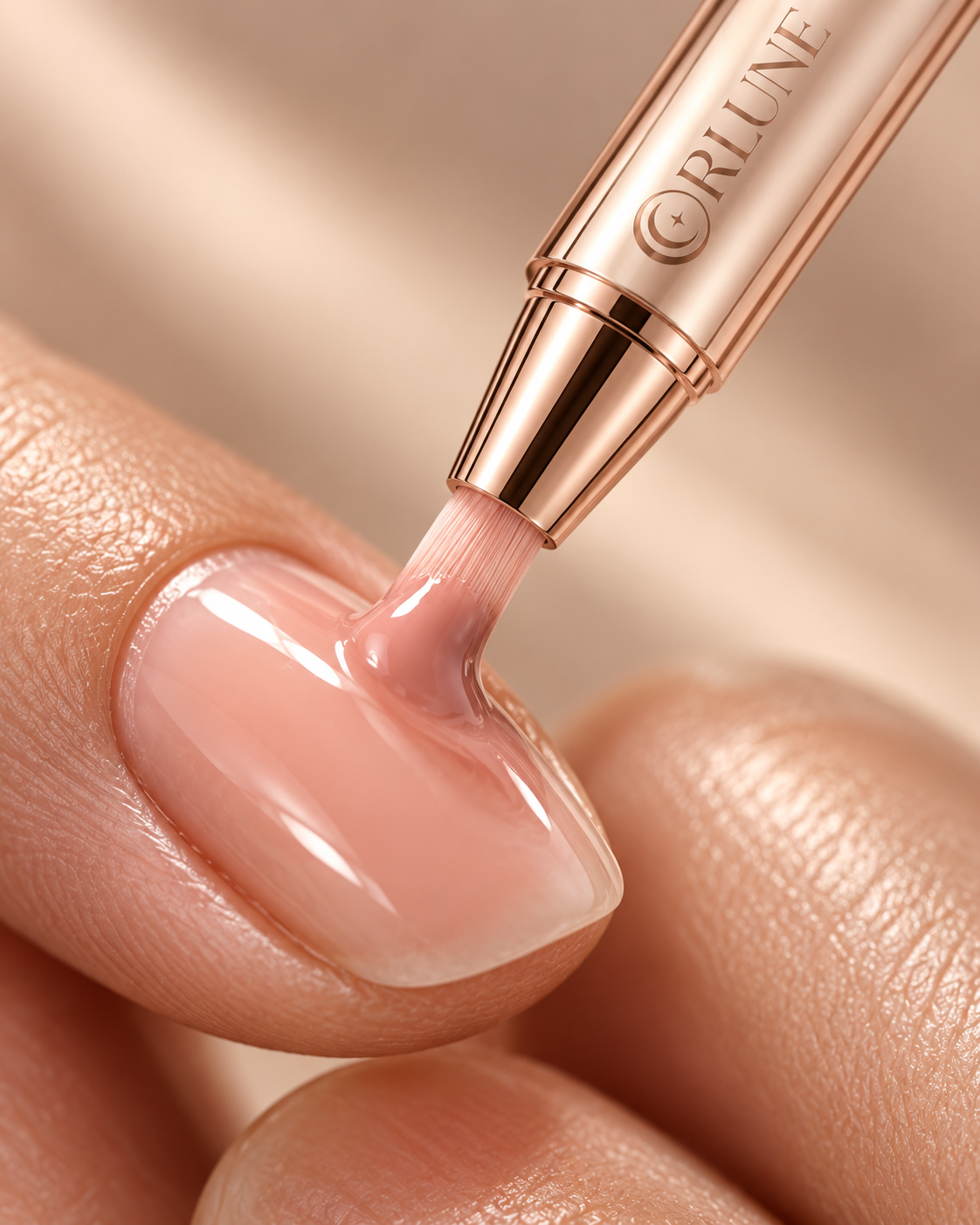 Gros plan du pinceau gel ORLUNE appliquant la couleur sur un ongle