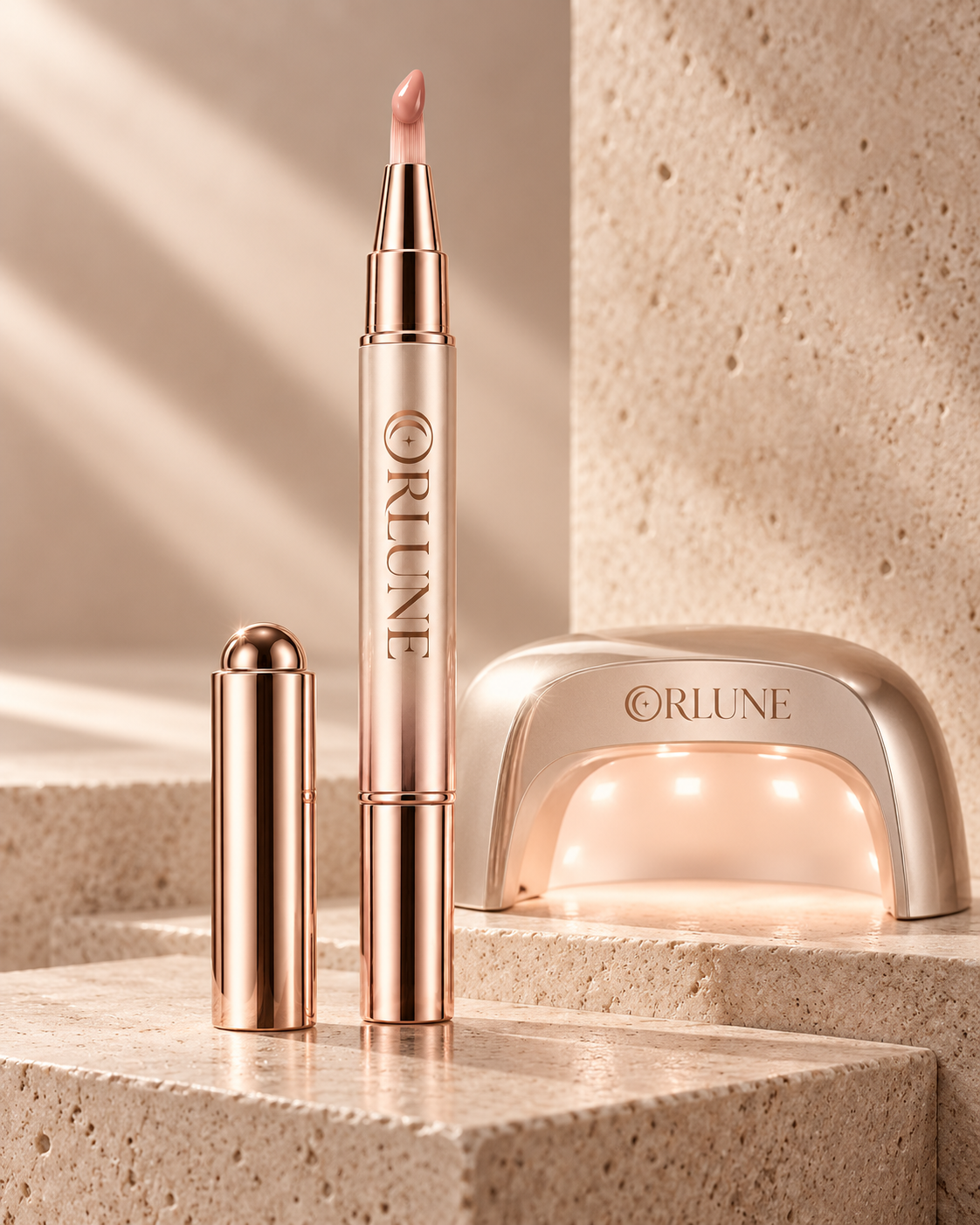 Le stylo gel ORLUNE et sa lampe compacte sur un socle en pierre